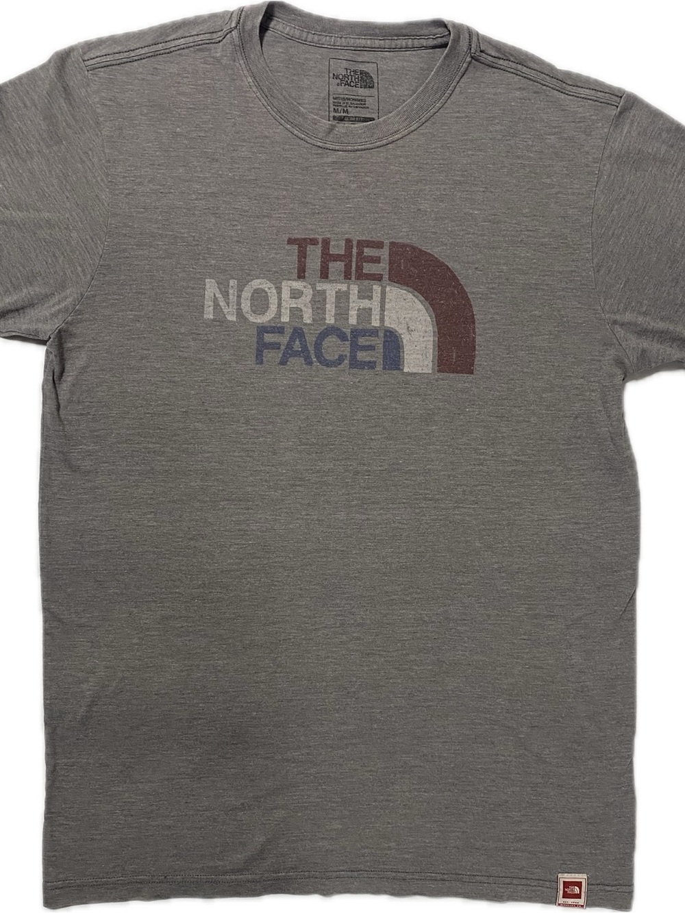 The North Face Men's Gray Logo Short-Sleeve Tee with Maroon and Blue Accents